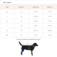 Dog Dish size chart for Pendleton reversible puffer dog coat showing back, chest, and neck measurements for XS to 2XL