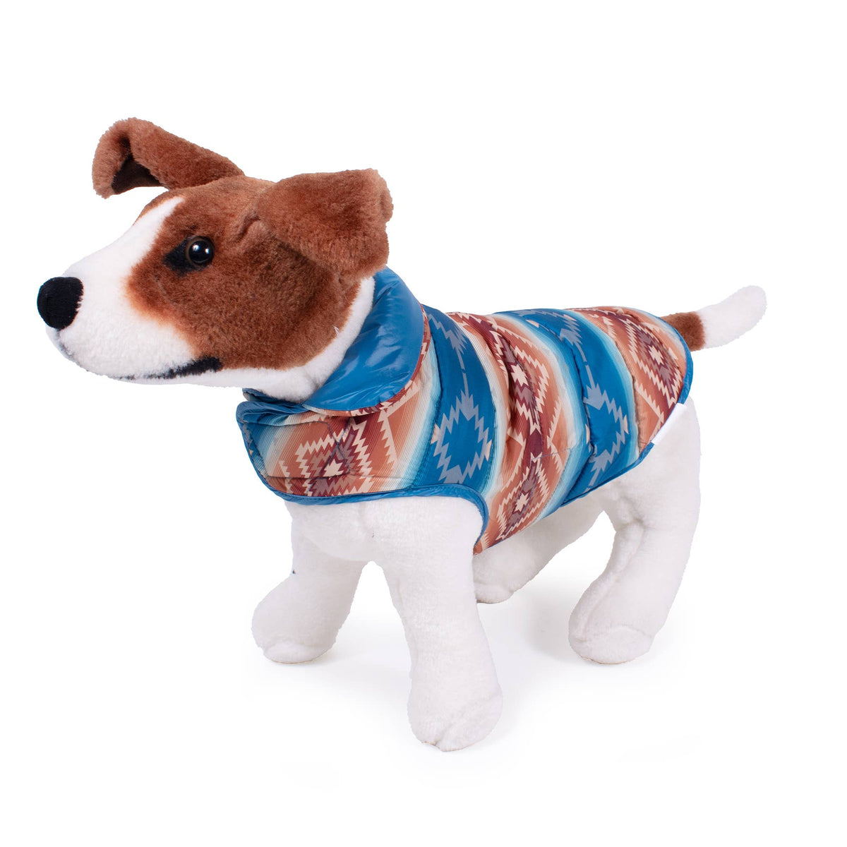 Dog Dish Pendleton Pagosa Springs reversible puffer dog coat with blue and brown geometric pattern on a plush dog