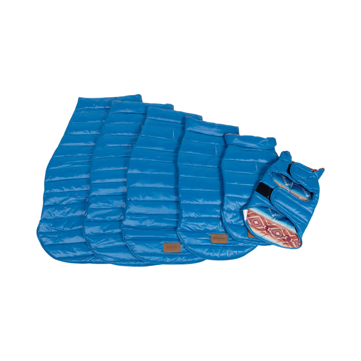 Dog Dish Pendleton Pagosa Springs reversible blue quilted puffer dog coats in various sizes with suede logo patch