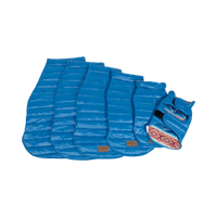 Dog Dish Pendleton Pagosa Springs reversible blue quilted puffer dog coats in various sizes with suede logo patch