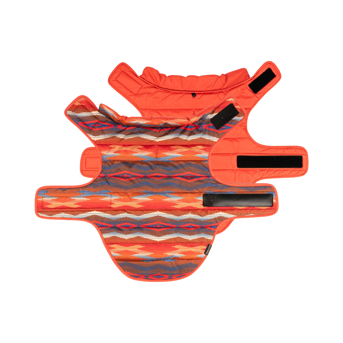 Dog Dish Pendleton reversible puffer dog coat in Crown Point print with solid orange side and adjustable velcro straps