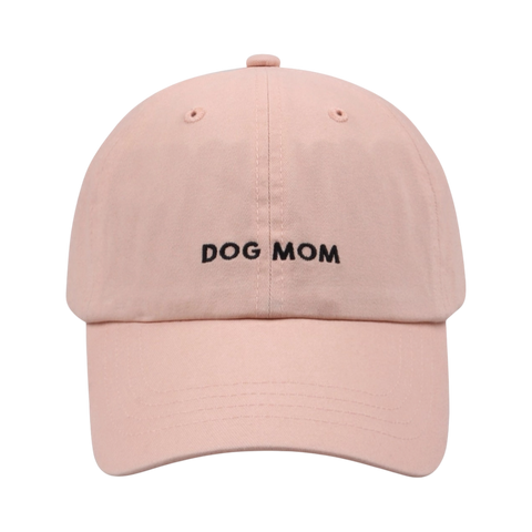 Dog Dish light pink cotton twill baseball cap with Dog Mom embroidery in black thread