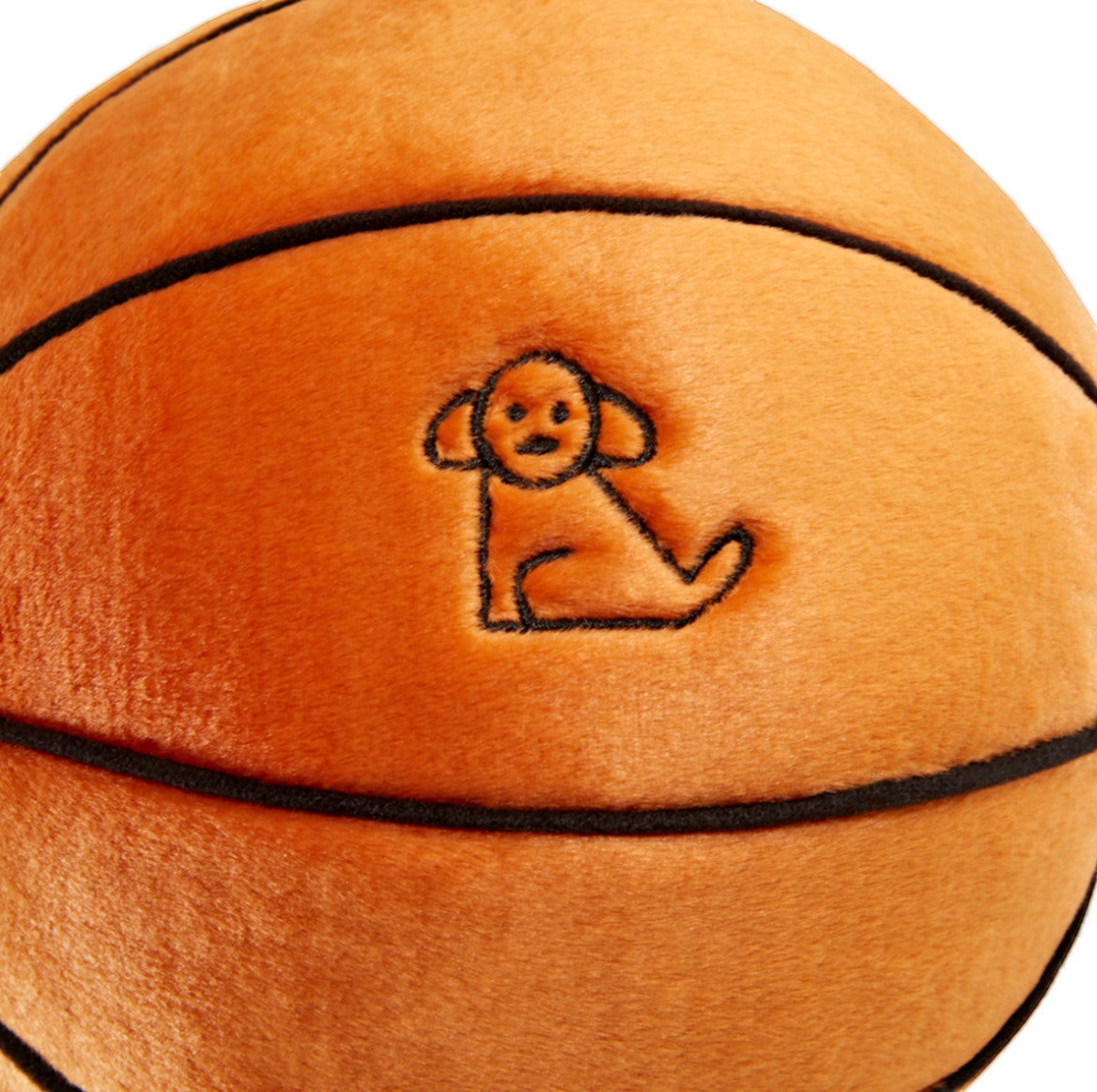 Dog Dish Fluff & Tuff plush basketball toy in orange with black seams and an embroidered puppy logo