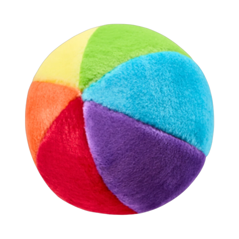 Dog Dish Fluff & Tuff plush mini beach ball in vibrant multi-colored segments for small to medium dogs.
