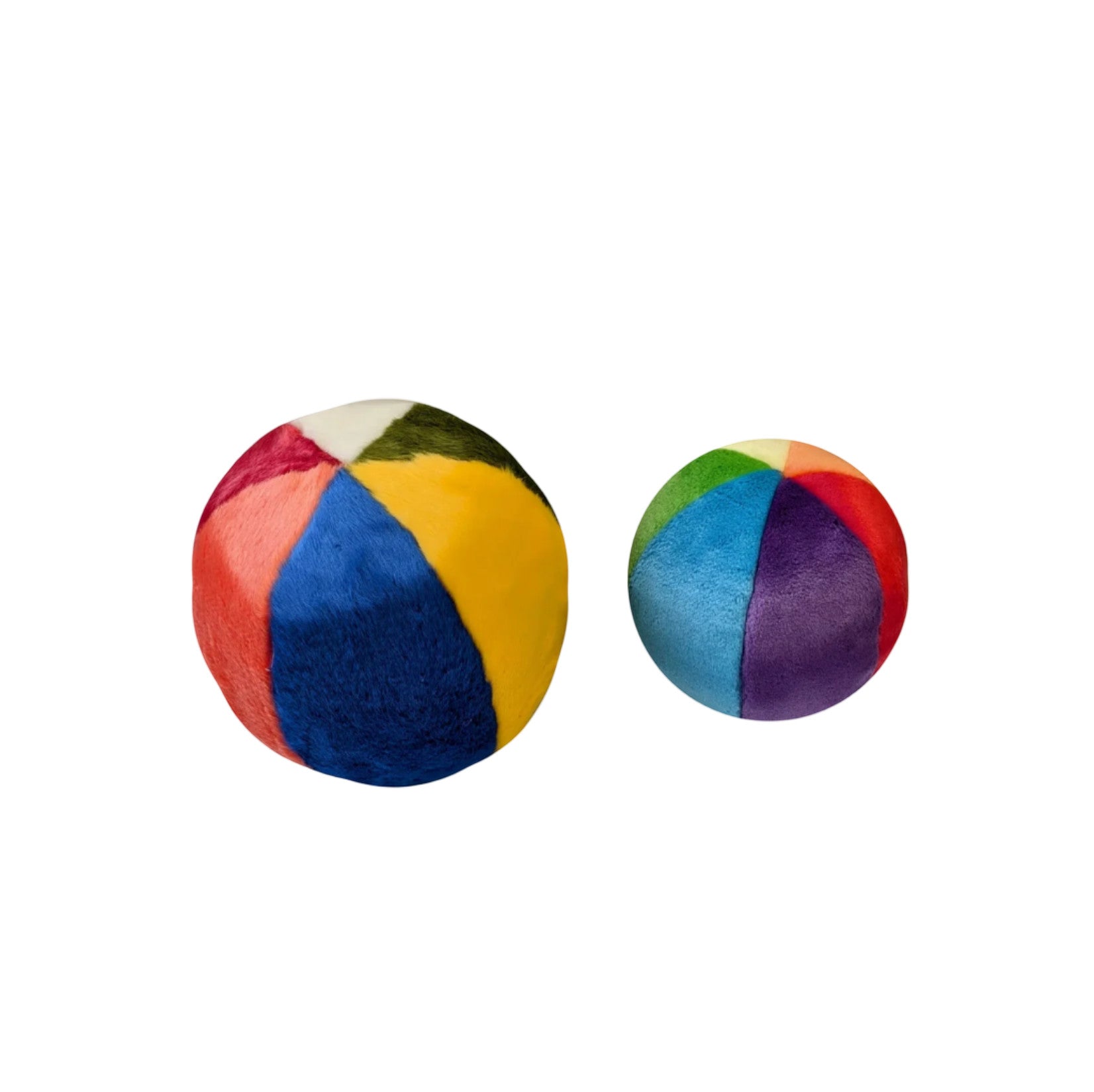 Dog Dish Fluff & Tuff plush mini beach balls in vibrant multi-colored segments for small to medium dogs.