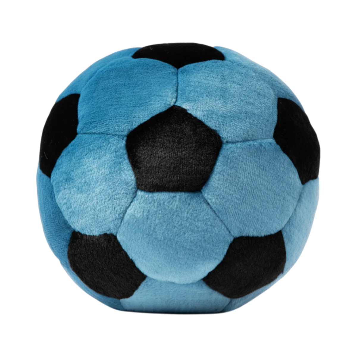Dog Dish Fluff & Tuff plush soccer ball in blue and black with reinforced seams for durable dog play.
