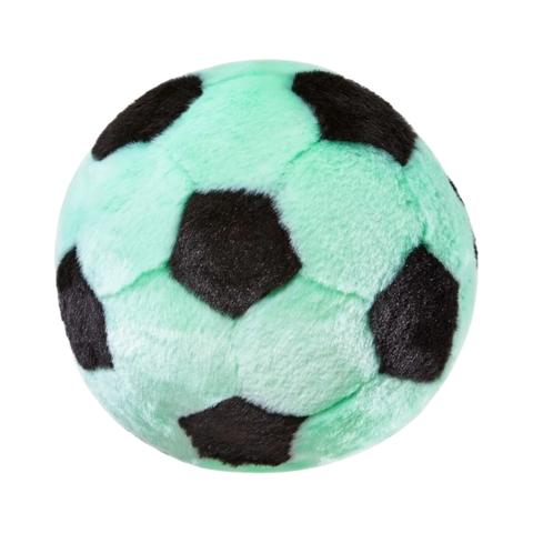 Dog Dish Fluff & Tuff squeakerless plush soccer ball toy in mint green and black for medium to large dogs