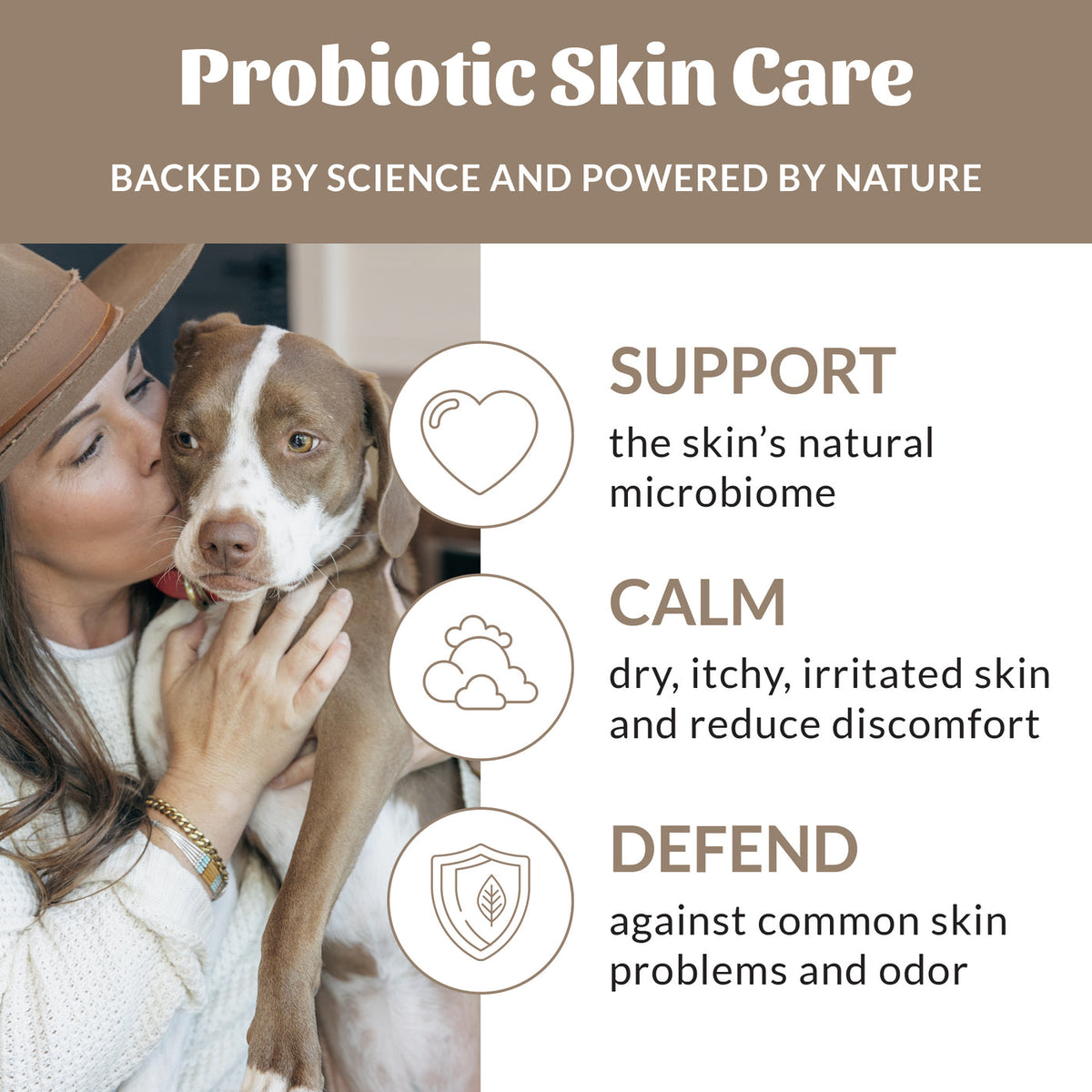 Dog Dish infographic showing a woman holding a brown and white dog, highlighting probiotic skin care benefits.