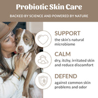 Dog Dish infographic showing a woman holding a brown and white dog, highlighting probiotic skin care benefits.