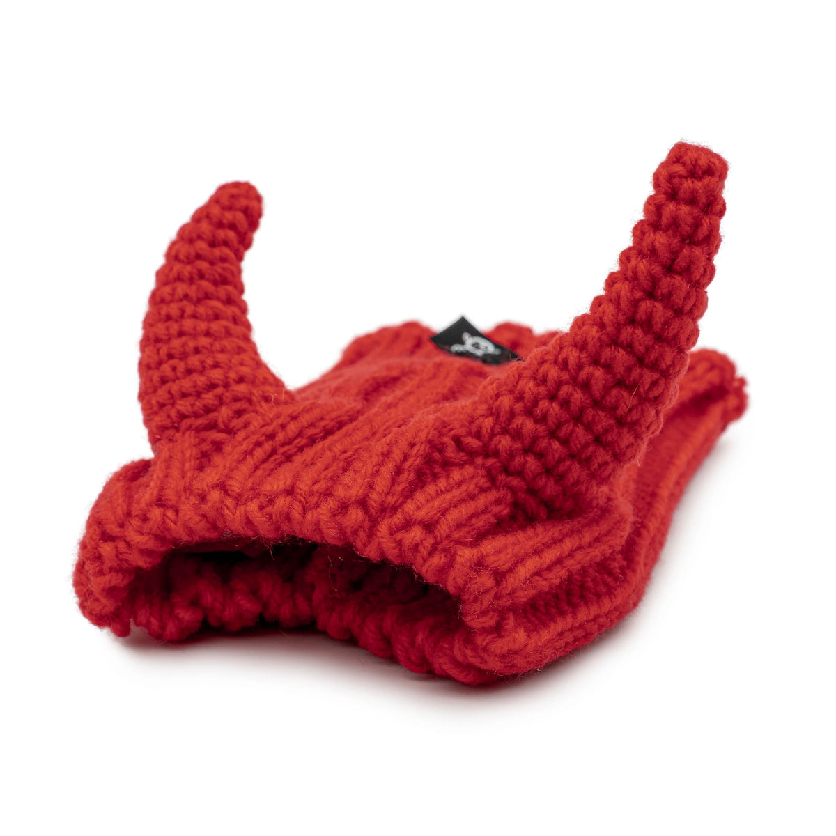 Dog Dish red knit Devil Dog Snood with playful horn detailing for winter warmth and comfort
