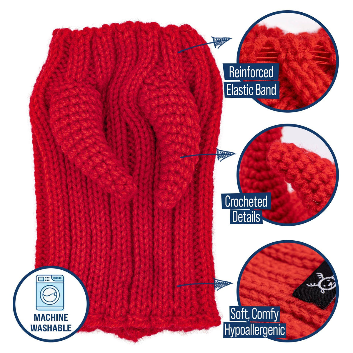Dog Dish Devil Dog Snood in red acrylic yarn with devil horn details, reinforced elastic band, and soft knit texture.