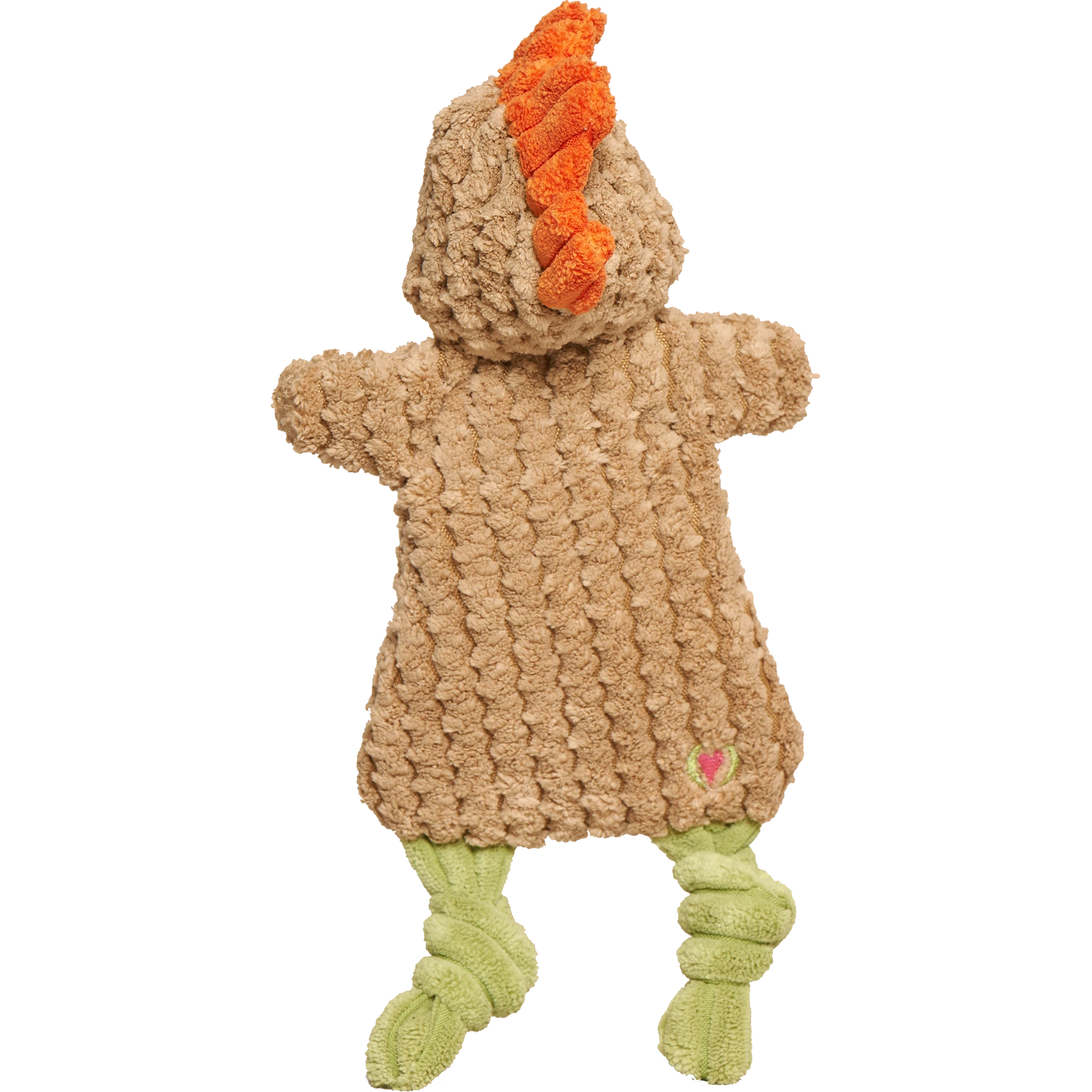 Dog Dish HuggleFlatties Rusty Rooster unstuffed cord plush dog toy with orange crest and green legs.