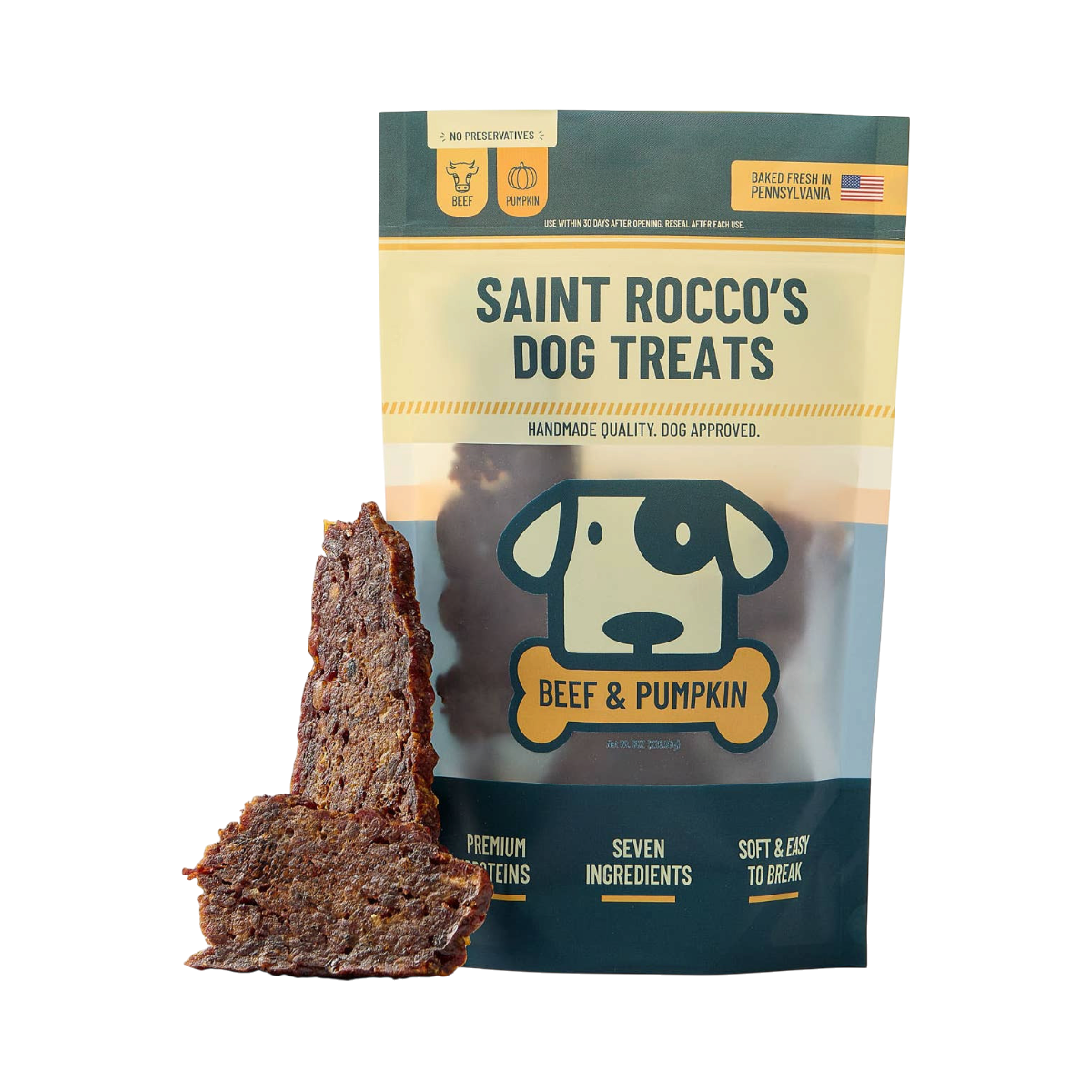 Dog Dish Saint Rocco's Treats Beef and Pumpkin jerky bars in a resealable bag with a clear window showing the texture.