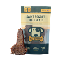 Dog Dish Saint Rocco's Treats Beef and Pumpkin jerky bars in a resealable bag with a clear window showing the texture.