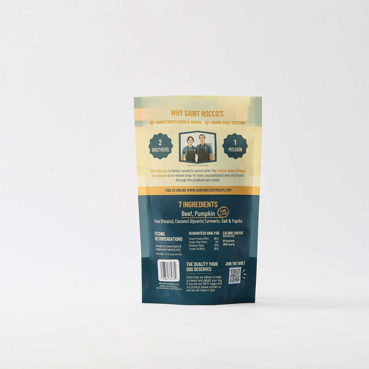 Dog Dish Saint Rocco's Treats Beef and Pumpkin packaging back label with ingredient list and feeding instructions