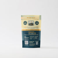 Dog Dish Saint Rocco's Treats Beef and Pumpkin packaging back label with ingredient list and feeding instructions