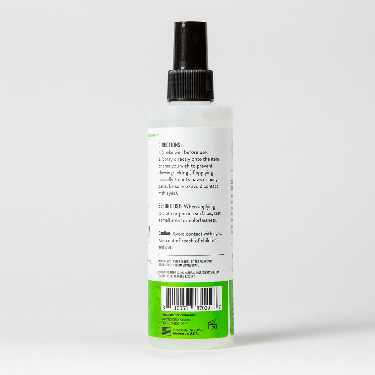 Dog Dish Skouts Honor Super Sour Anti-Chew Spray bottle showing directions and ingredients label on white background