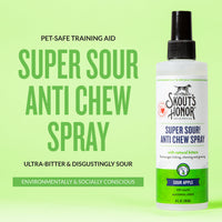 Dog Dish Skouts Honor Super Sour Anti-Chew Spray bottle for dogs and cats on a light green background