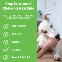 Dog Dish Skouts Honor Super Sour Anti-Chew Spray infographic showing a dog chewing a shoe to prevent destructive habits
