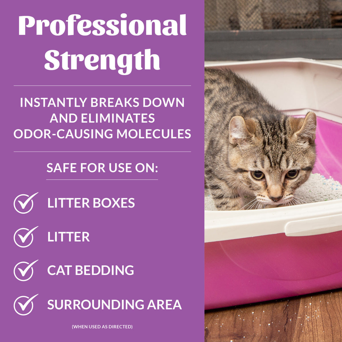 Dog Dish Skout's Honor cat litter box deodorizer spray advertisement with a kitten in a pink litter box