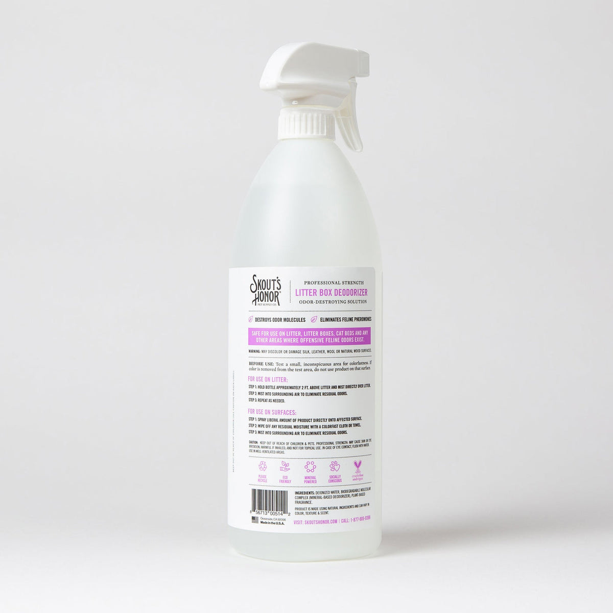Dog Dish Skout's Honor cat litter box deodorizer spray bottle with white label and professional strength formula