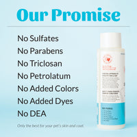 Dog Dish Skouts Honor fragrance-free probiotic cat shampoo bottle with ingredient promise list on a blue background