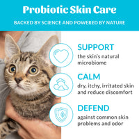 Dog Dish Skouts Honor fragrance-free probiotic cat shampoo benefits for skin support, calming, and defense.