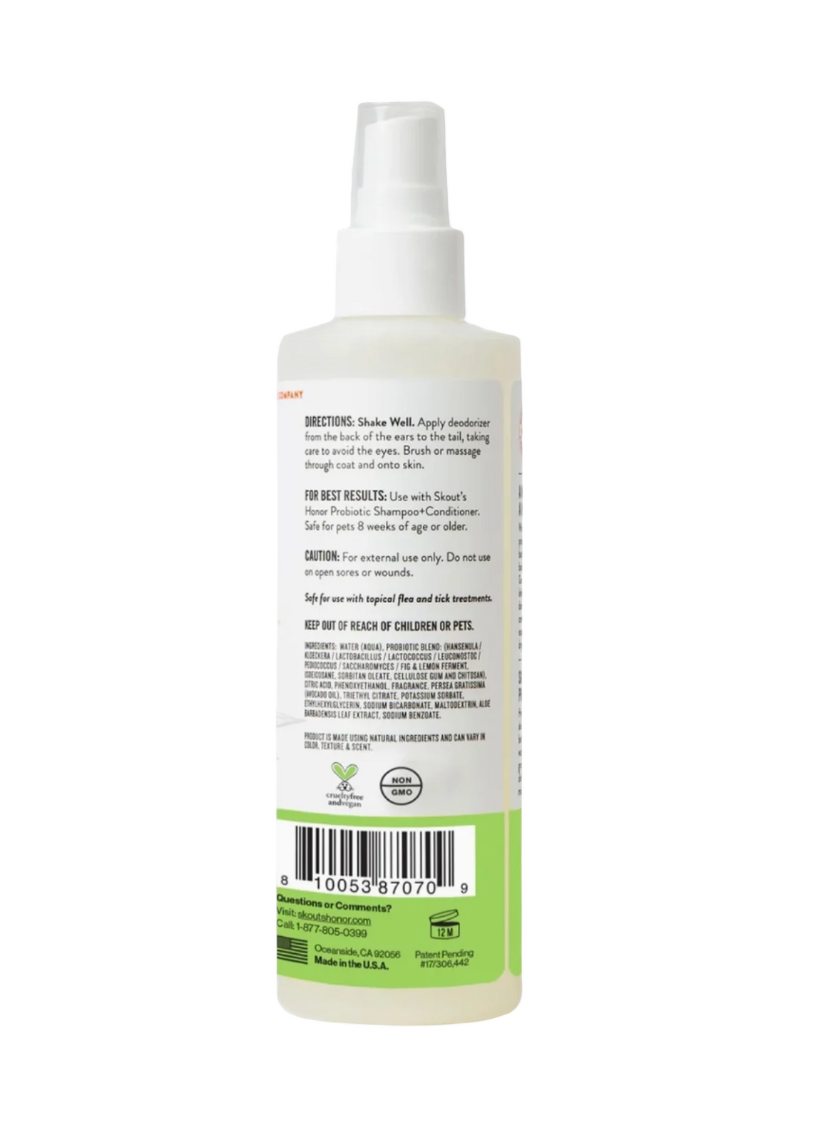 Dog Dish Skout's Honor coconut pet deodorizer spray bottle back label with ingredients and usage instructions
