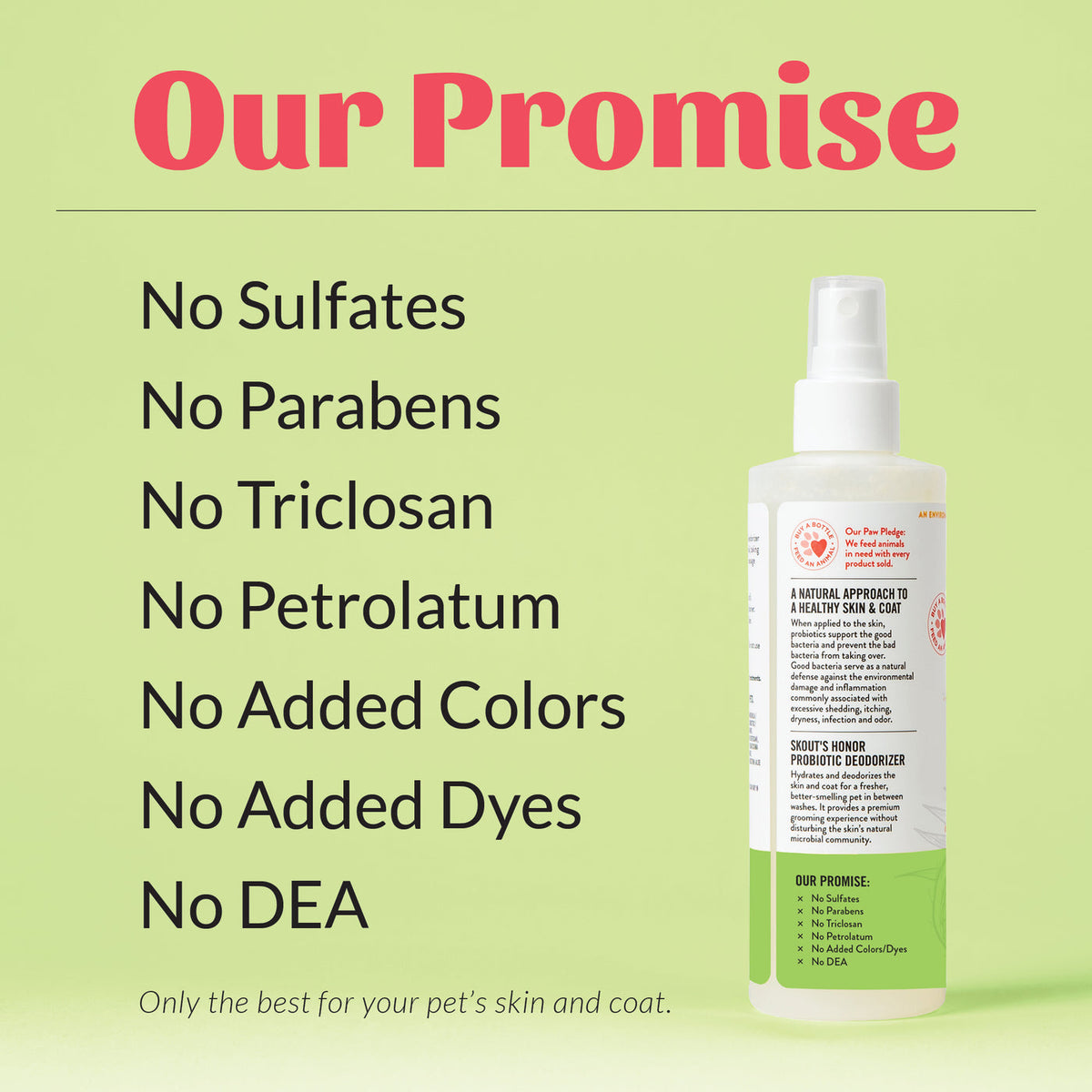 Dog Dish Skout's Honor probiotic coconut pet deodorizer spray bottle against a green background with ingredient claims.