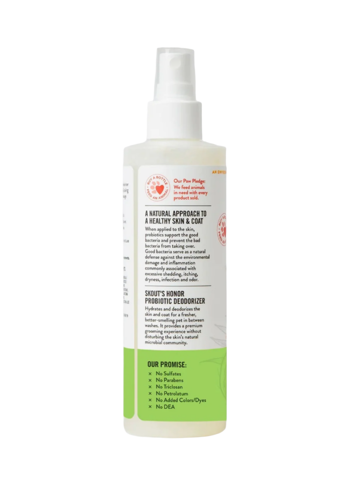 Dog Dish Skout's Honor coconut probiotic pet deodorizer spray bottle with ingredient and benefit information label