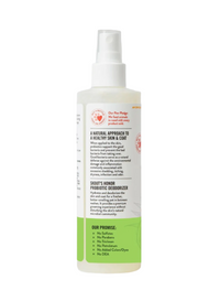 Dog Dish Skout's Honor coconut probiotic pet deodorizer spray bottle with ingredient and benefit information label