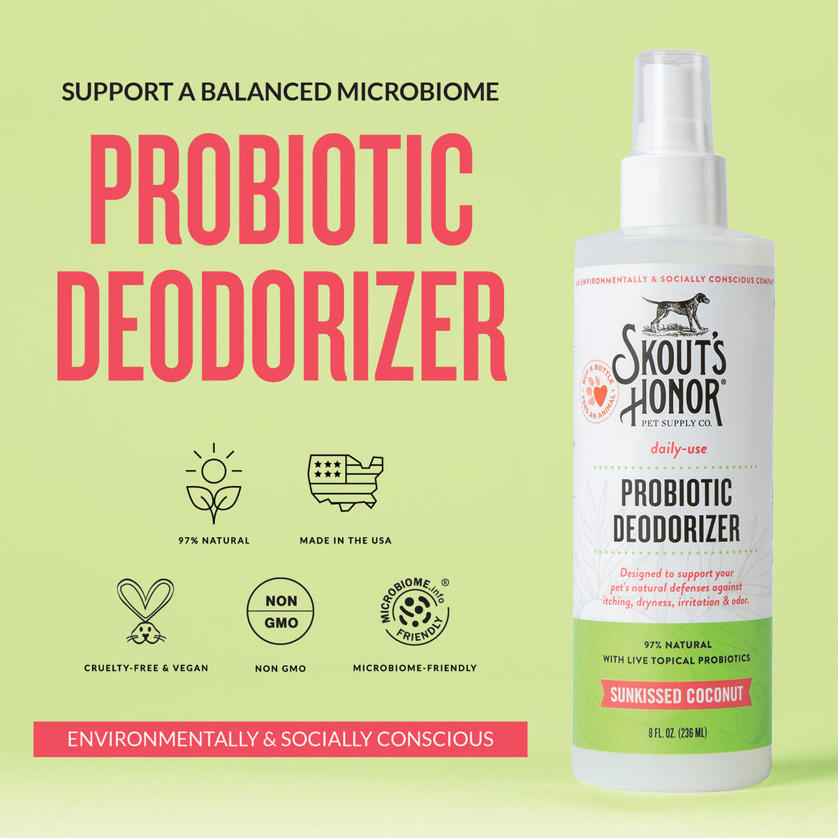 Dog Dish Skout's Honor probiotic coconut deodorizer spray for pets on a light green background with product benefits.