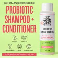 Dog Dish Skout's Honor probiotic coconut shampoo and conditioner bottle on a light green background with product info.