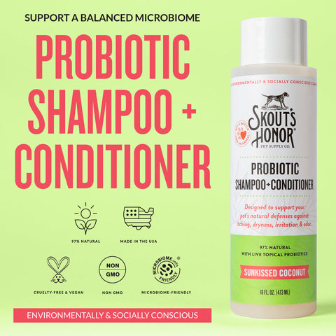 Dog Dish Skout's Honor probiotic coconut shampoo and conditioner bottle on a light green background with product info.