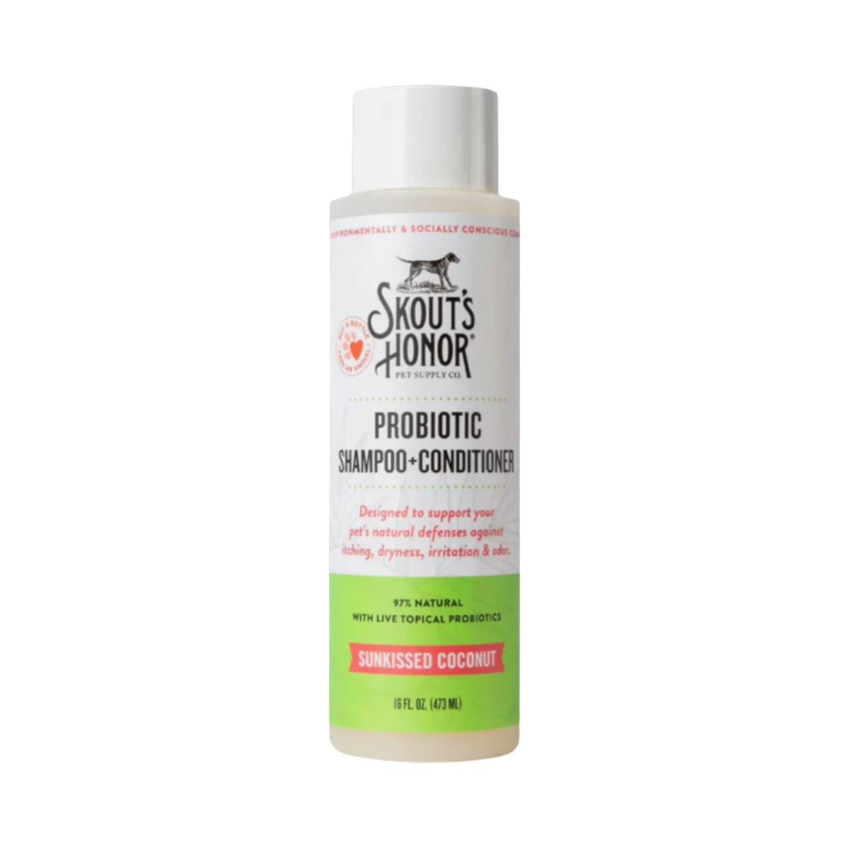 Dog Dish Skout's Honor probiotic coconut shampoo and conditioner for dogs in a 16 oz bottle