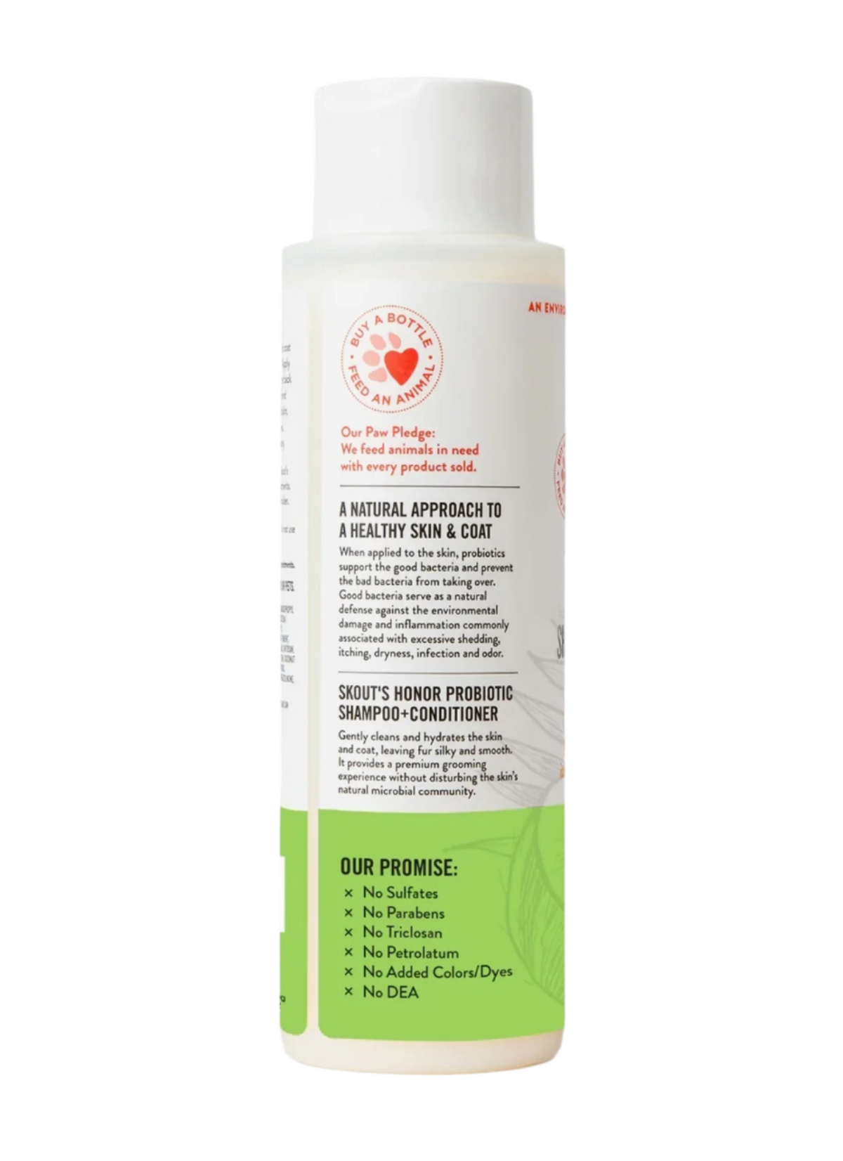 Dog Dish Skout's Honor probiotic coconut shampoo and conditioner bottle showing ingredient benefits and promises