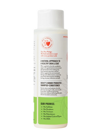 Dog Dish Skout's Honor probiotic coconut shampoo and conditioner bottle showing ingredient benefits and promises