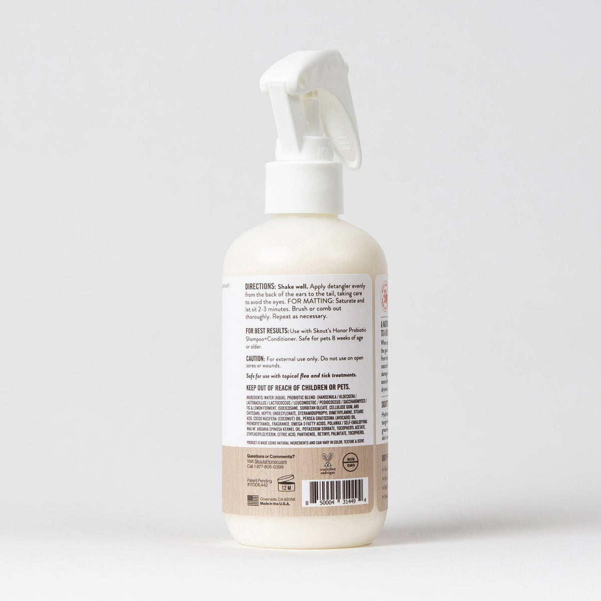 Dog Dish Skout's Honor Dog of the Woods probiotic detangler spray bottle back label with directions and ingredients