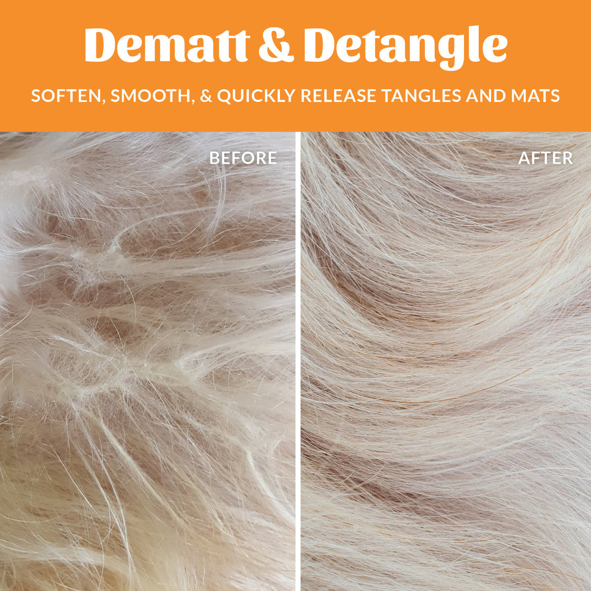 Dog Dish Skout's Honor honeysuckle detangler showing a before and after comparison of matted and smooth dog fur
