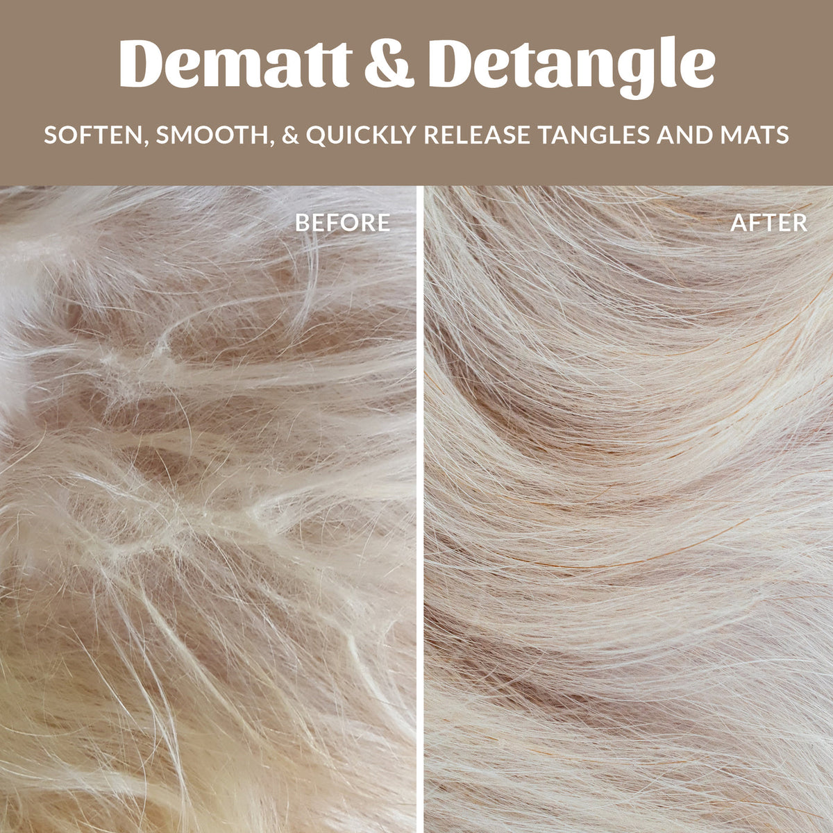 Dog Dish Skout's Honor Dog of the Woods detangler before and after comparison showing smooth, tangle-free dog fur.