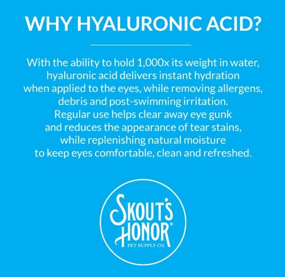 Dog Dish Skout's Honor HydroClear Eye Wash benefits graphic highlighting hyaluronic acid for pet eye hydration.