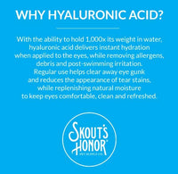 Dog Dish Skout's Honor HydroClear Eye Wash benefits graphic highlighting hyaluronic acid for pet eye hydration.