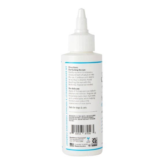 Dog Dish Skout's Honor HydroClear Eye Wash bottle showing directions and ingredients for dogs and cats
