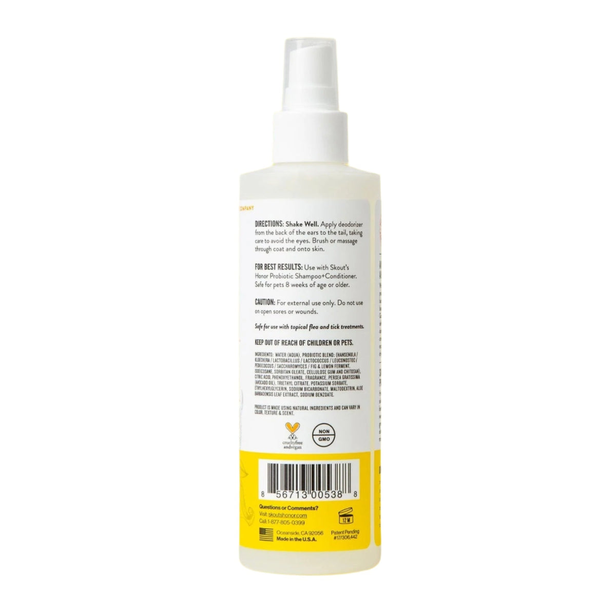Dog Dish Skout's Honor Honeysuckle probiotic pet deodorizer spray bottle back label with ingredients and directions