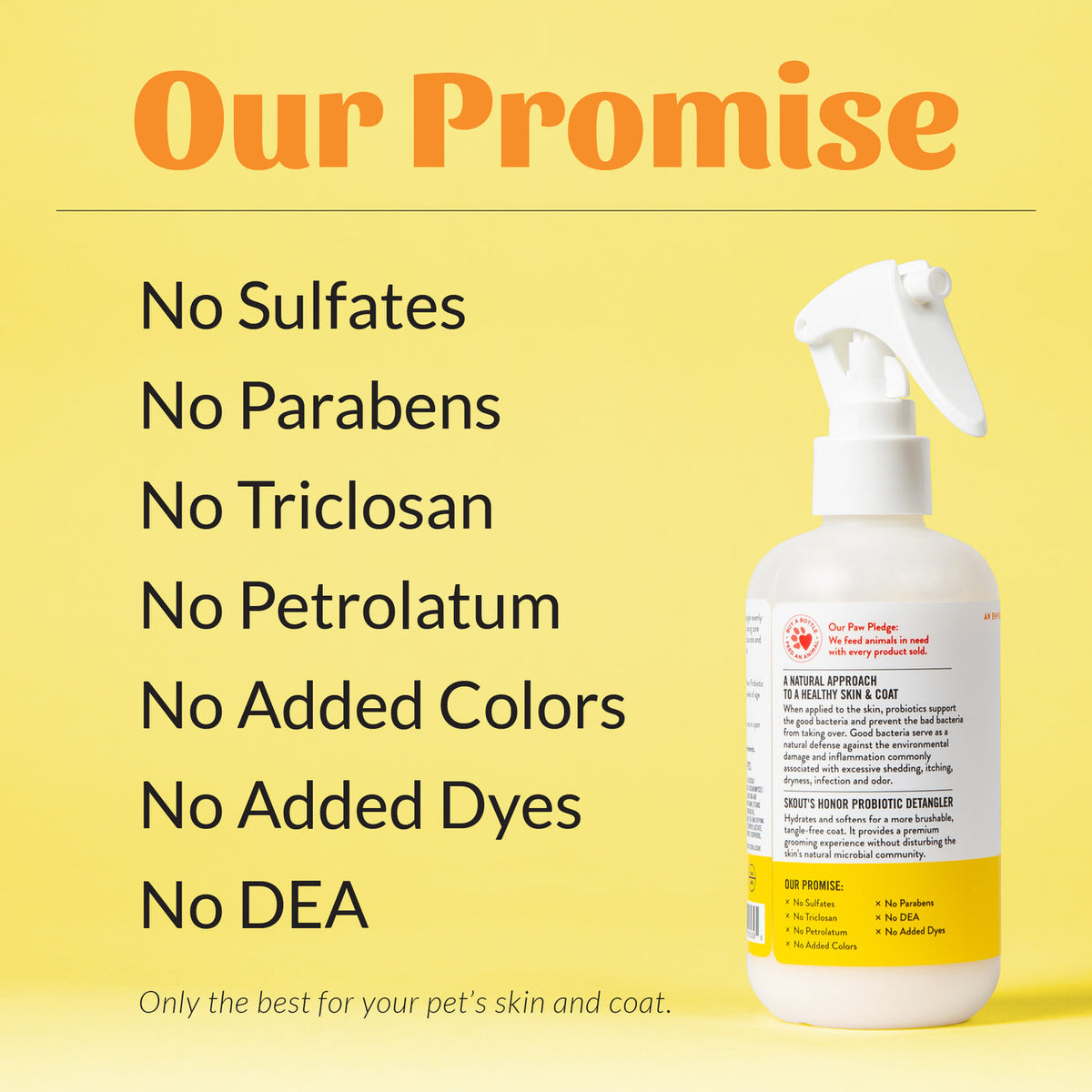Dog Dish Skout's Honor probiotic honeysuckle pet detangler spray bottle against a yellow background with ingredient list