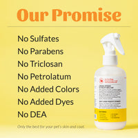 Dog Dish Skout's Honor probiotic honeysuckle pet detangler spray bottle against a yellow background with ingredient list