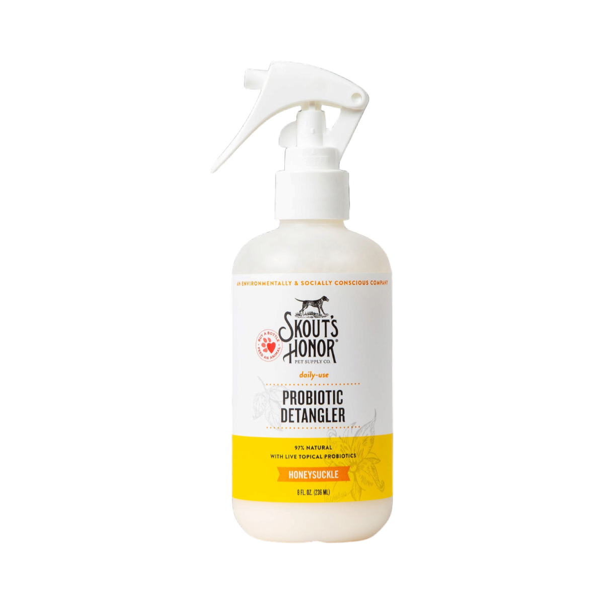 Dog Dish Skout's Honor probiotic honeysuckle detangler spray bottle for pet grooming and coat maintenance.