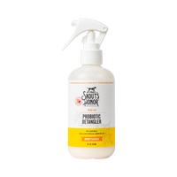 Dog Dish Skout's Honor probiotic honeysuckle detangler spray bottle for pet grooming and coat maintenance.