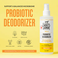 Dog Dish Skout's Honor honeysuckle probiotic pet deodorizer spray bottle on a yellow background with product benefits.