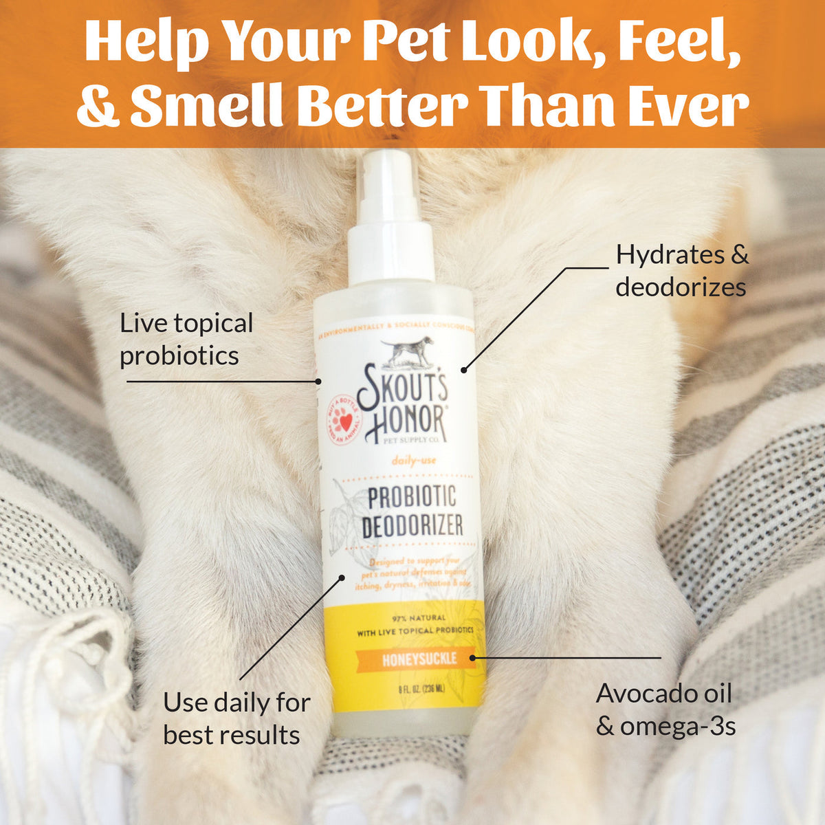 Dog Dish Skout's Honor honeysuckle probiotic pet deodorizer spray bottle with avocado oil for skin and coat health